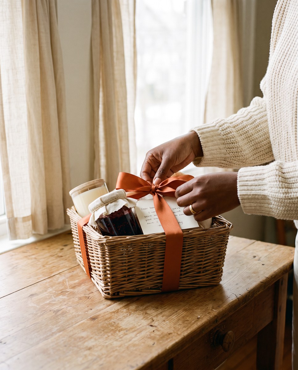 Bertha's hands tying the ribbon on a basket at her kitchen table in Marietta