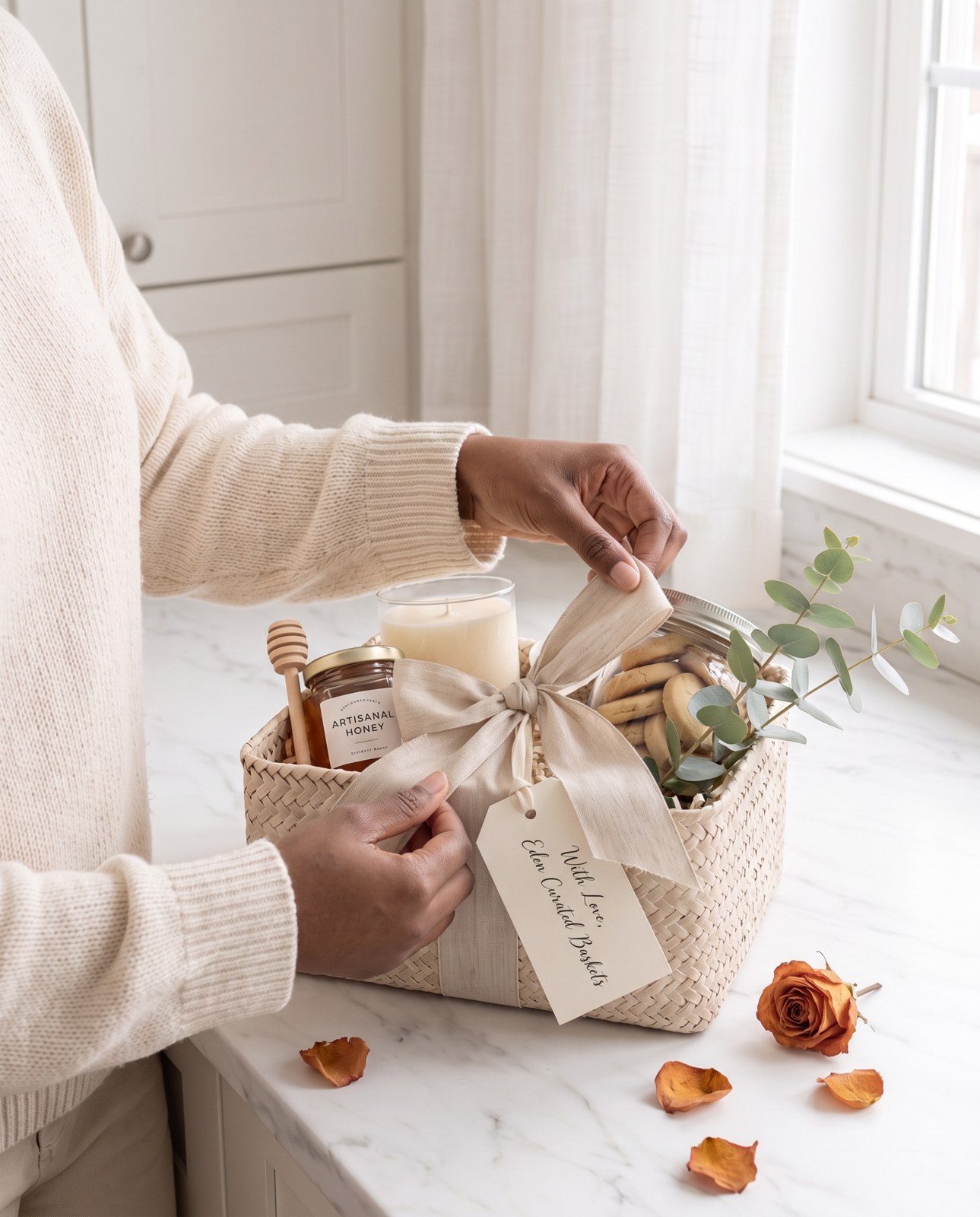 Bertha tying the ribbon on a gift basket
