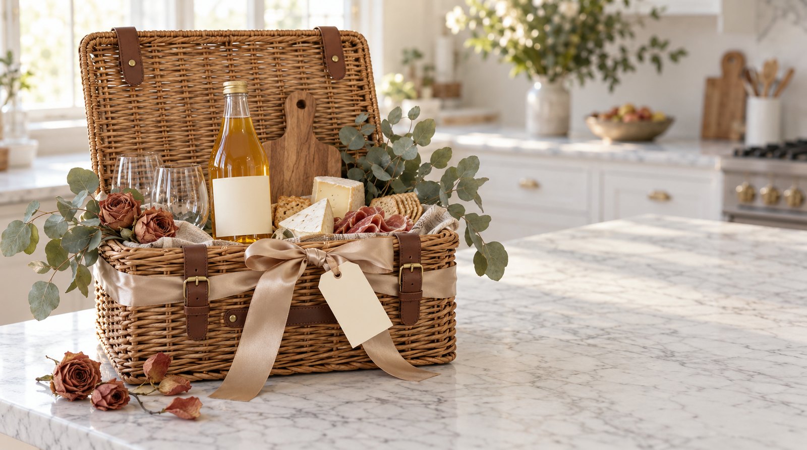 A woven hamper with sparkling apple cider, a cutting board, cheeses and eucalyptus on a white marble countertop